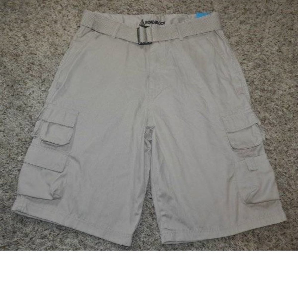 Mens Cargo Shorts Roadblock Beige size 32 Relaxed Fit Belted 10 Pocket